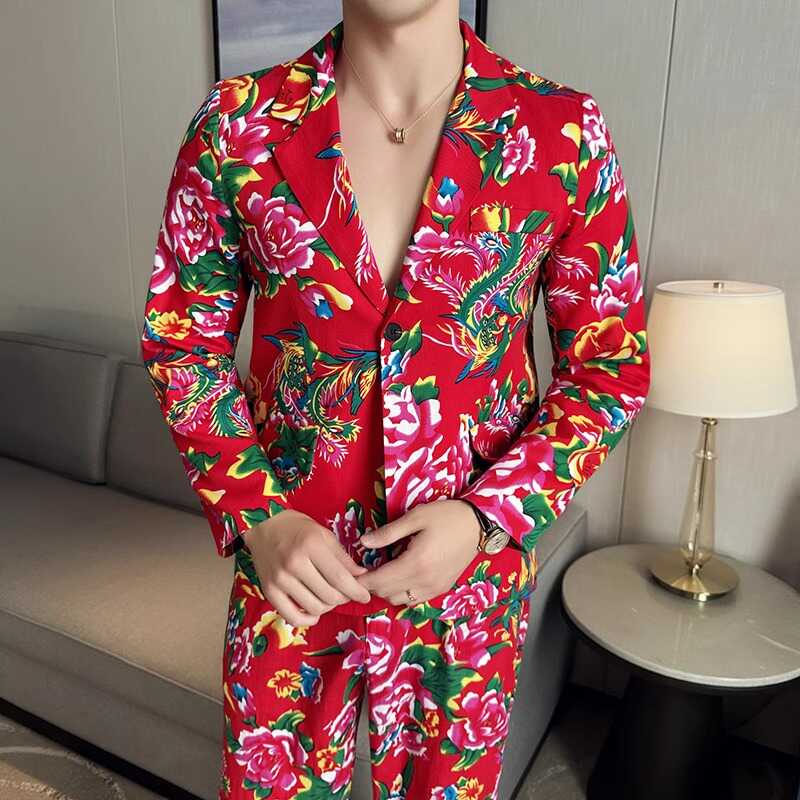 帅气男士西服套装韩版修身休闲时尚个性东北大花春季小西装外套潮