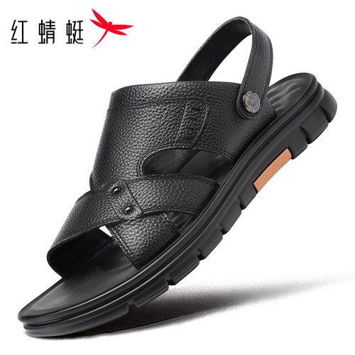 红蜻蜓夏季真皮凉鞋男外穿沙滩鞋