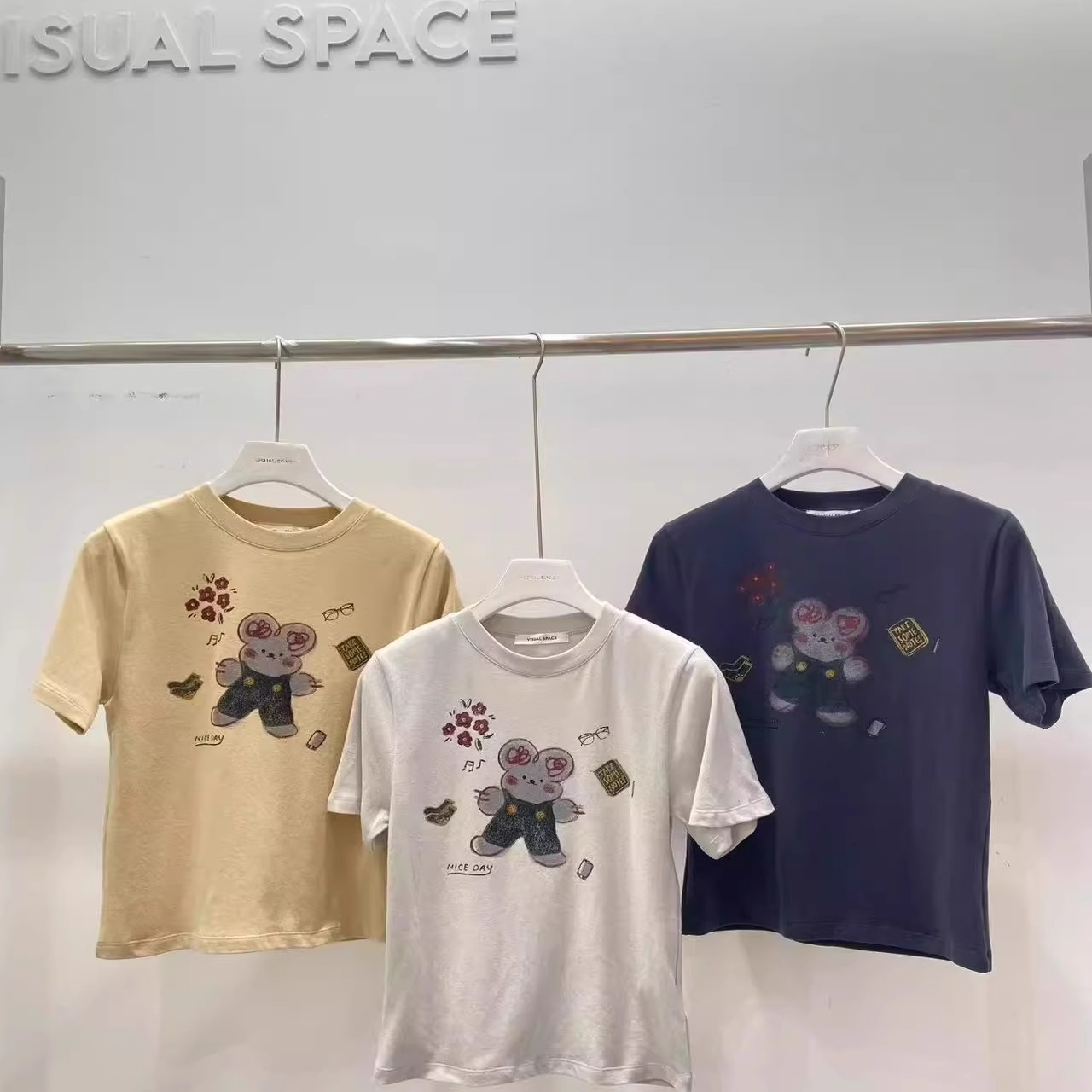 现货速发韩国东大门代购visual space女25春小兔印花圆领短袖T恤