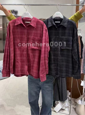 现货速发韩国东大门代购tempting2025秋季新款翻领格纹宽松衬衫