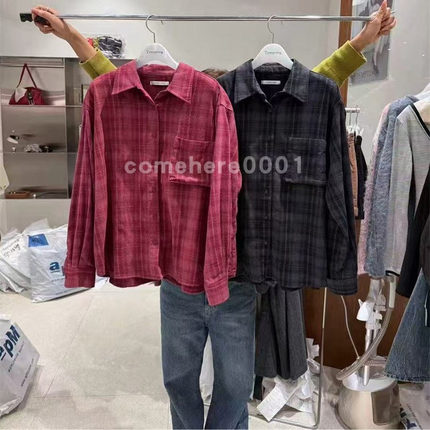 现货速发韩国东大门代购tempting2025秋季新款翻领格纹宽松衬衫