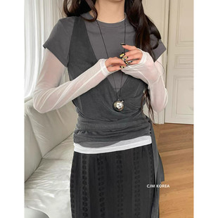 现货速发韩国ATMOSPHERE东大门26春拼色系带V领背心假两件短袖T恤