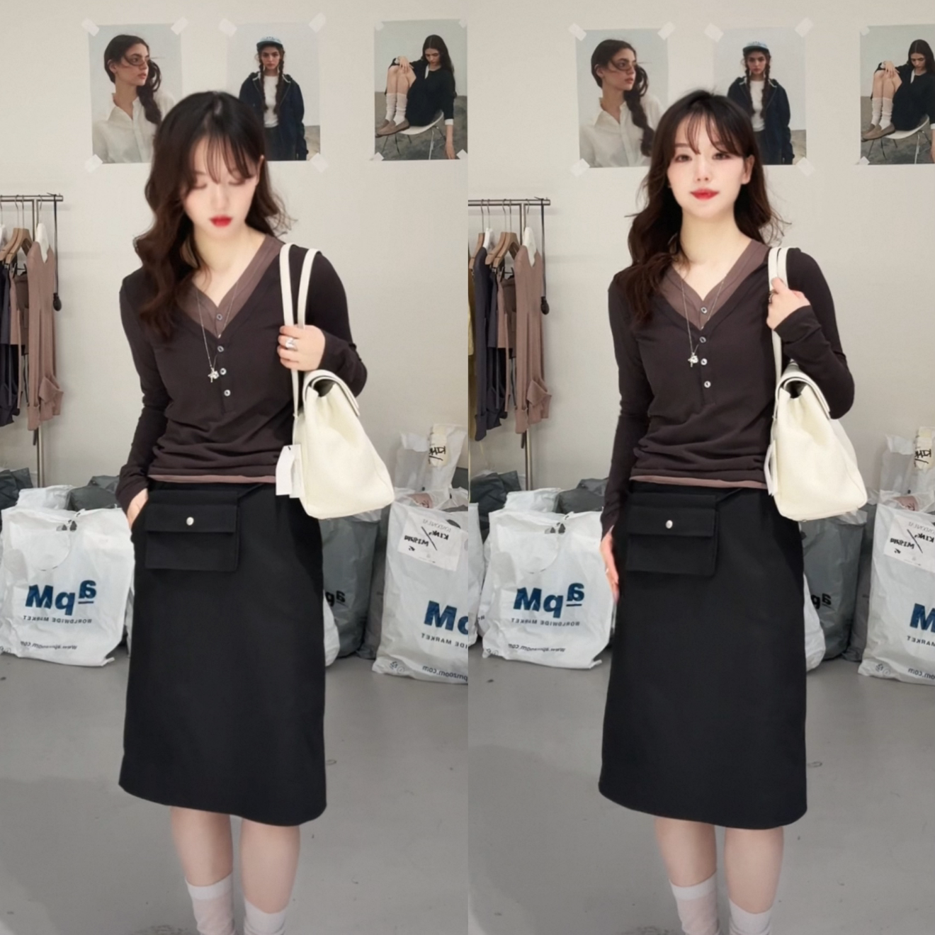 现货速发26韩国London flat 女春季复古气质假两件拼色打底衫长袖