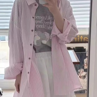 现货速发deventi韩国东大门代购女2025夏竖条纹宽松防晒长袖衬衫