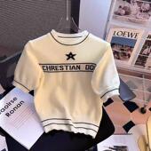 上衣 高腰短款 白色正肩短袖 T恤女夏设计感小众小个子冰丝针织修身