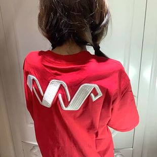 美式 宽松显瘦高级感纯棉正肩上衣 高街字母刺绣红色短袖 t恤女夏季