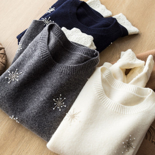 精致洋气重工立体钉珠雪花袖 毛衣 口钩花撞色拼接软糯全羊毛针织衫