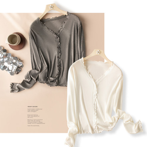 裸感~巨柔软轻薄舒适桑蚕丝莱赛尔温柔多色木耳花边V领针织开衫女