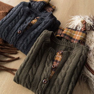 设计感复古慵懒格子拼接麻花全羊毛针织开衫显瘦上衣毛衣短外套女
