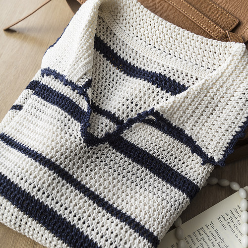 知识分子风 高奢感手工钩花桑蚕丝天丝和纸纱条纹V领Polo短袖T恤