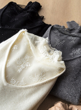 星夜蕾丝 温柔亮片闪丝羊毛羊绒蕾丝拼接V领假两件打底针织衫毛衣