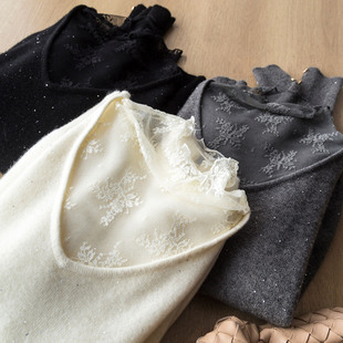 星夜蕾丝 温柔亮片闪丝羊毛羊绒蕾丝拼接V领假两件打底针织衫毛衣