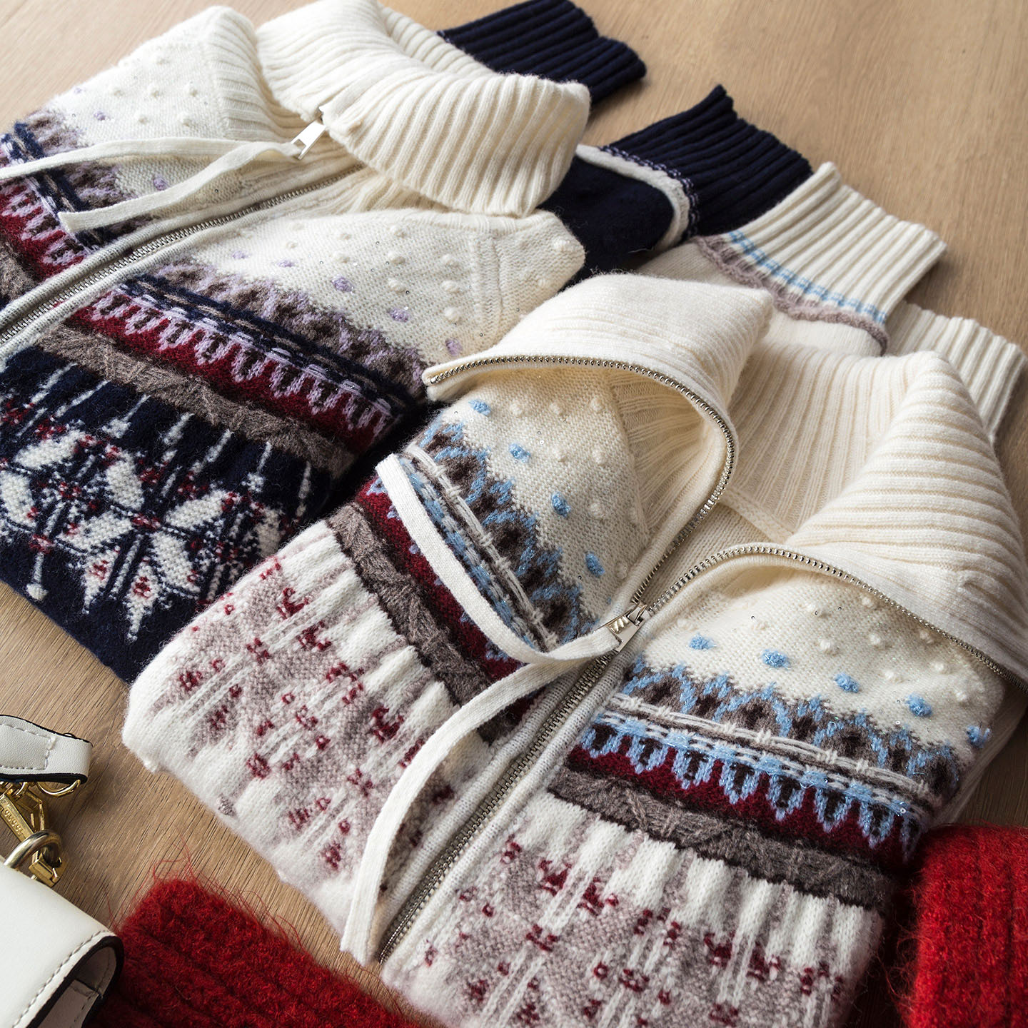 星语心愿提花开衫珠片纱全羊毛两穿领层次感双开拉链针织毛衣外套