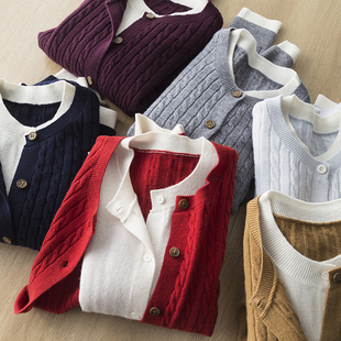 穿搭小心机 撞色假两件 100全羊毛绞花针织开衫毛衣外套女24秋冬