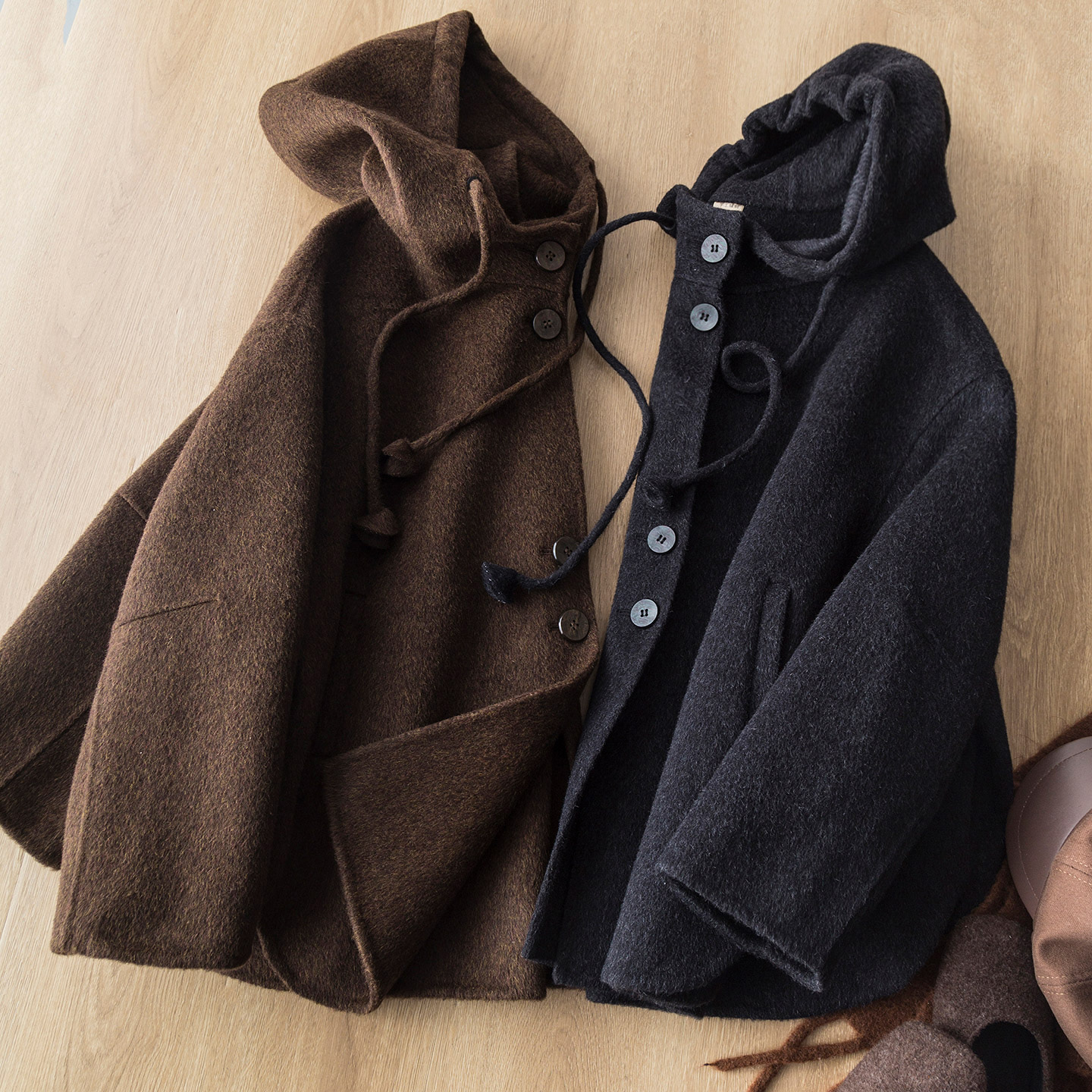 法式休闲复古连帽手工双面呢羊毛大衣系带小个子斗篷披肩毛呢外套