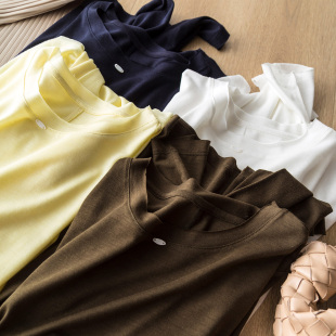 T恤 打底衫 云端柔肤感 丝羊绒莱赛尔水面膜巨舒服轻薄圆领毛边长袖