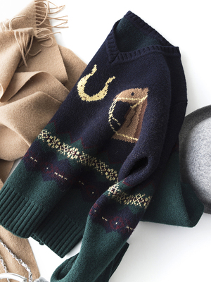 设计感小马提花图案针织衫毛衣