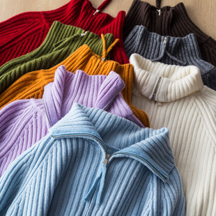 腔调有型 半拉链毛衣 老钱风高克重加厚纯羊毛竖坑条高立领针织衫