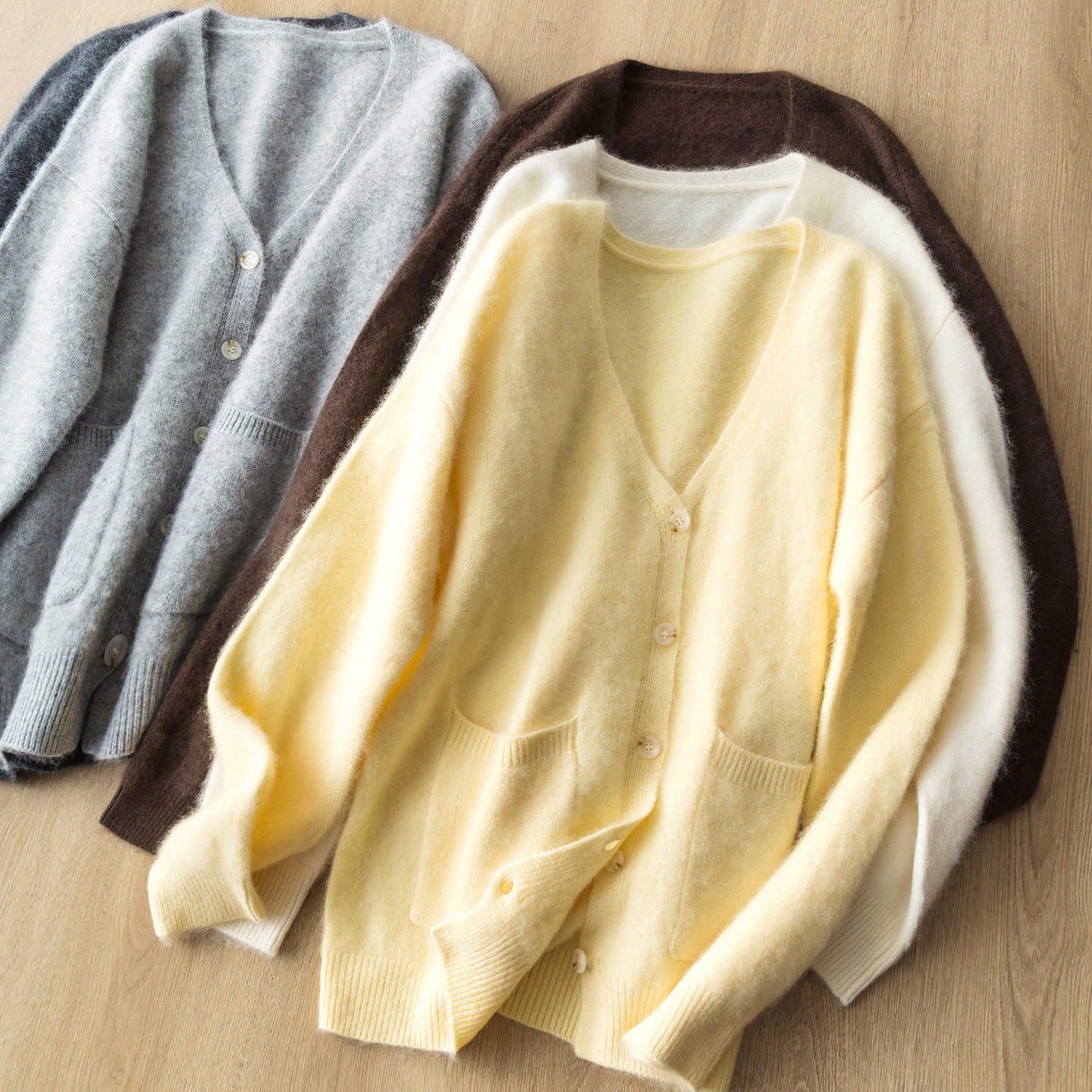 小皮草重磅拉毛拉绒羊绒羊毛 云柔慵懒V领中长款口袋针织开衫毛衣