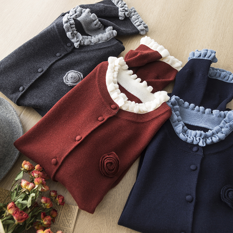 轻熟优雅精致撞色木耳花边领设计感宽松软糯羊毛针织开衫毛衣外套