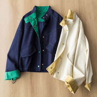 法式复古立领拼色工装夹克外套女宽松休闲显瘦百搭单排扣抽绳上衣