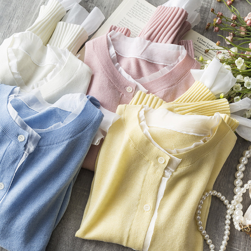 温柔到骨子里~甜美柔软羊毛针织开衫女纱纱花边拼接假两件上衣薄,女装/女士精品,毛针织衫,淘宝优惠券,粉丝福利购,淘宝优惠卷