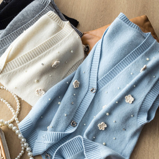 温柔浪漫重工水钻钉珠手工立体钩花V领纯羊毛叠穿针织马甲背心女