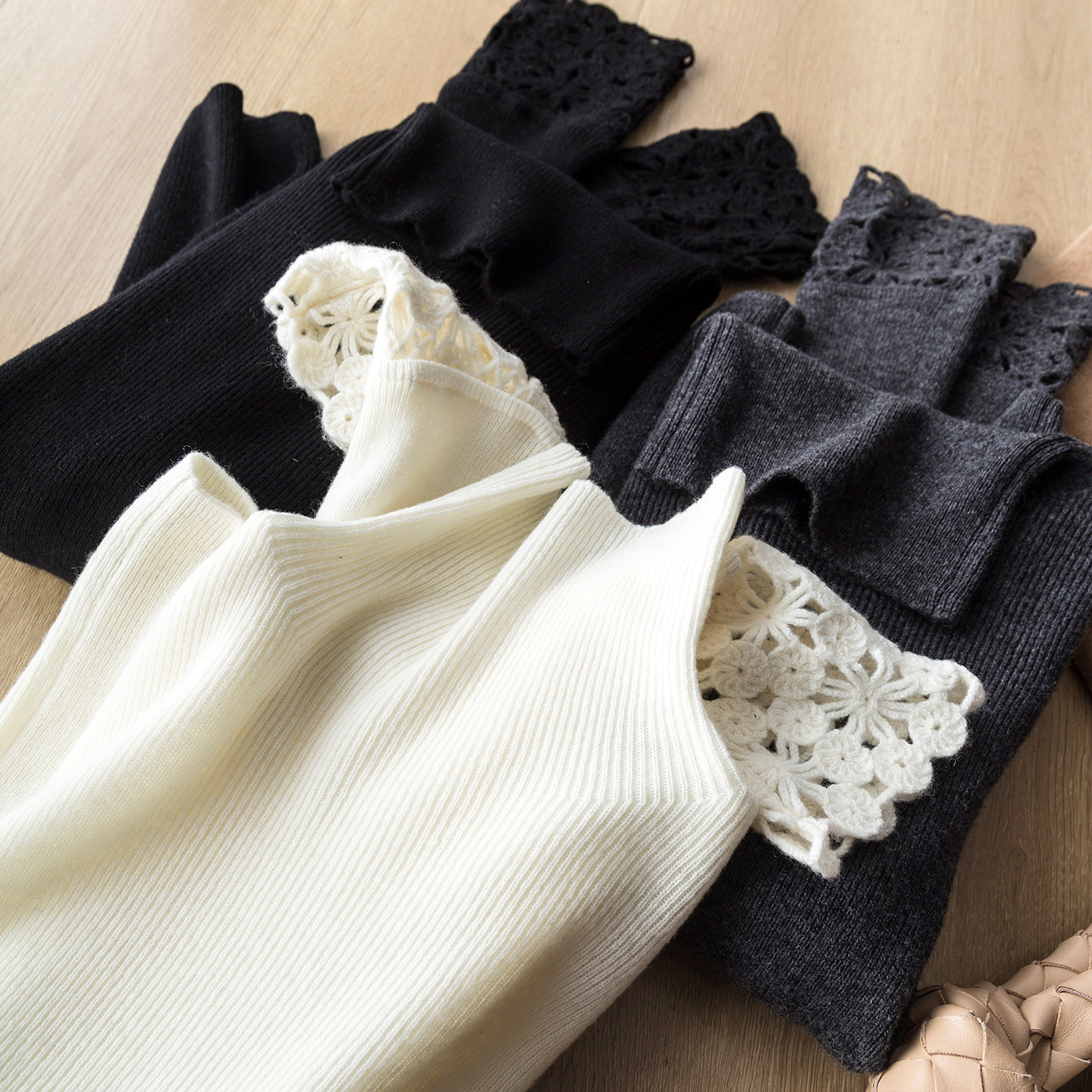 精致高级感 软糯100羊毛气质袖口蕾丝钩花镂空高领打底针织衫毛衣