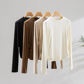 纤细小蛮腰 纯色亲肤羊毛醋酸天丝两侧褶皱收腰显瘦圆领长袖 上衣
