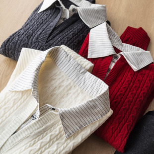 层次叠搭感 100%羊毛翻领条纹衬衫拼接长袖假两件麻花针织衫上衣