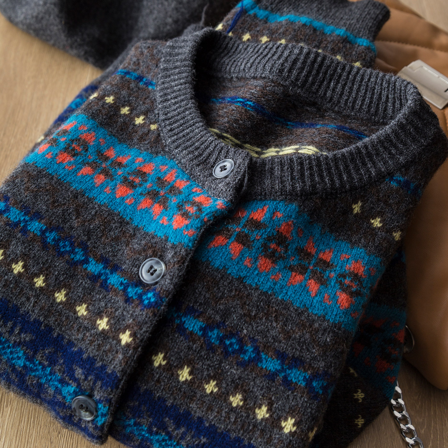 重工复古费尔岛提花100%羊毛加厚彩条圆领长袖针织开衫短毛衣外套