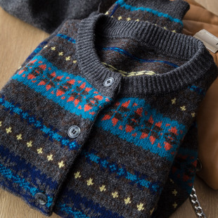 重工复古费尔岛提花100%羊毛加厚彩条圆领长袖 短毛衣外套 针织开衫