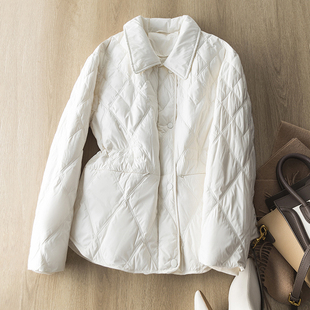 软暖轻便 翻领复古宽松菱格90白鸭绒可收腰短款小个子羽绒服外套