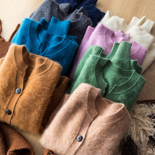 冬日煮雪 高克重加厚软糯拉绒羊毛羊绒超保暖小V领针织开衫毛衣女