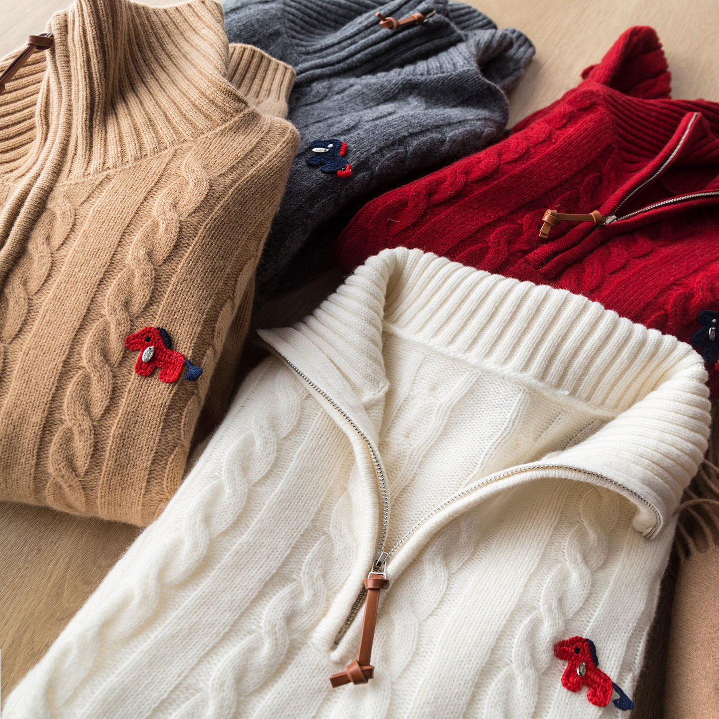 好运小马 100%全羊毛绞花卡通刺绣皮半拉链麻花宽松休闲百搭毛衣