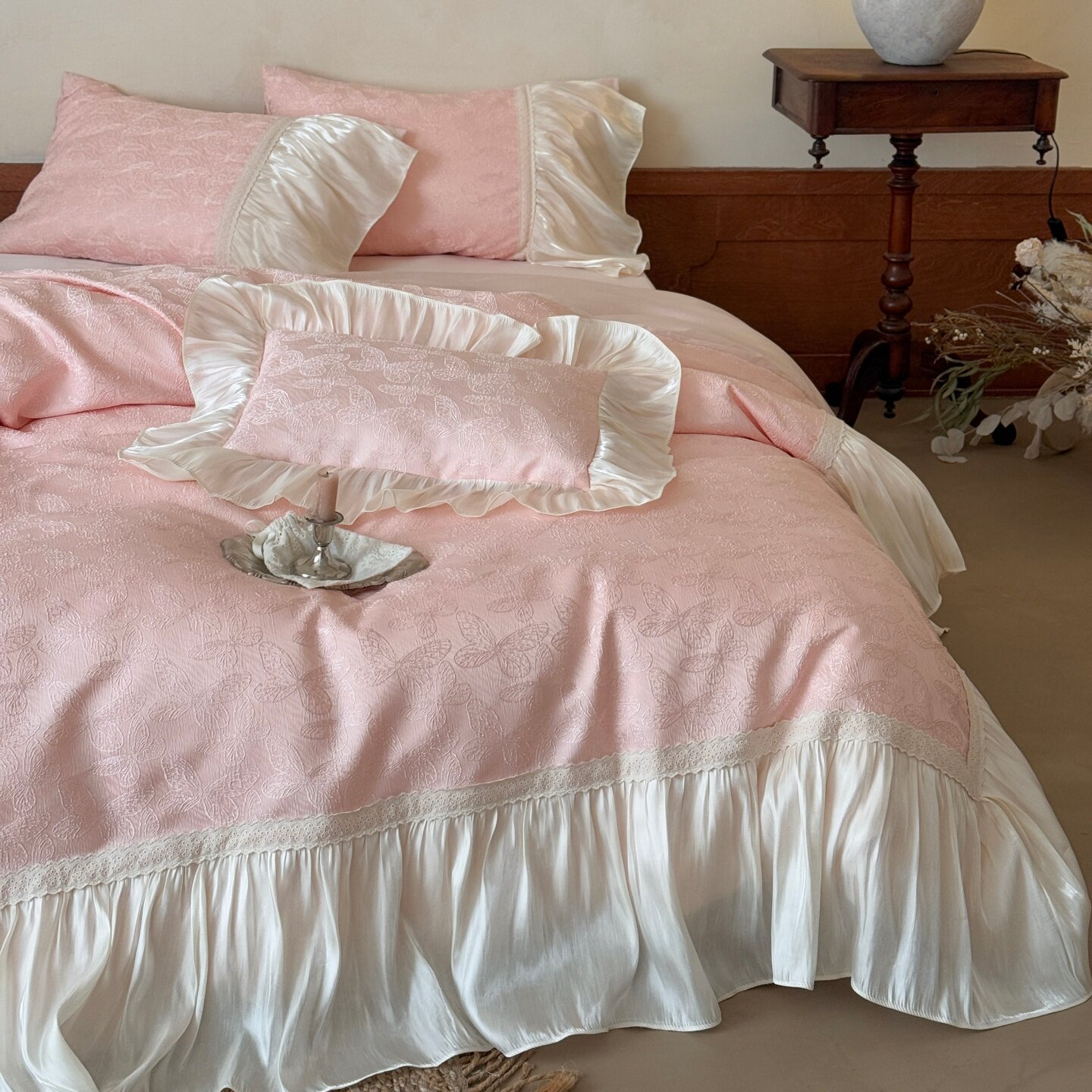 轻奢风荷叶边天丝棉提花床上四件套甜美少女粉色花边亲肤床品套件