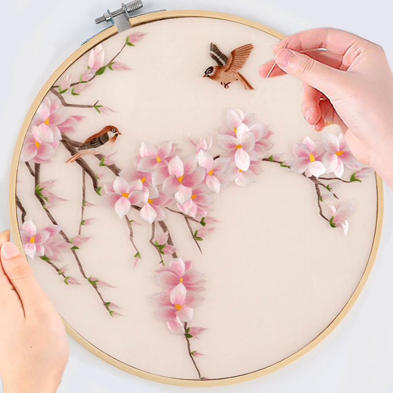 苏绣初学diy自绣玉兰花鸟材料包蜀绣团扇刺绣手工套件礼物送男友