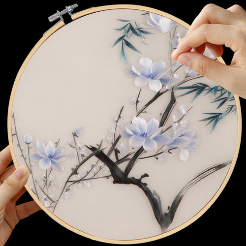 套件入门针迹玉兰花鸟图手工diy