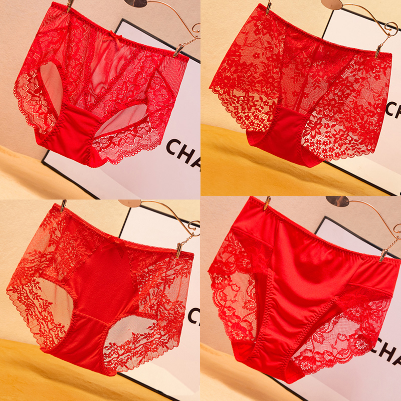 本命年红色女士内裤蕾丝结婚红色