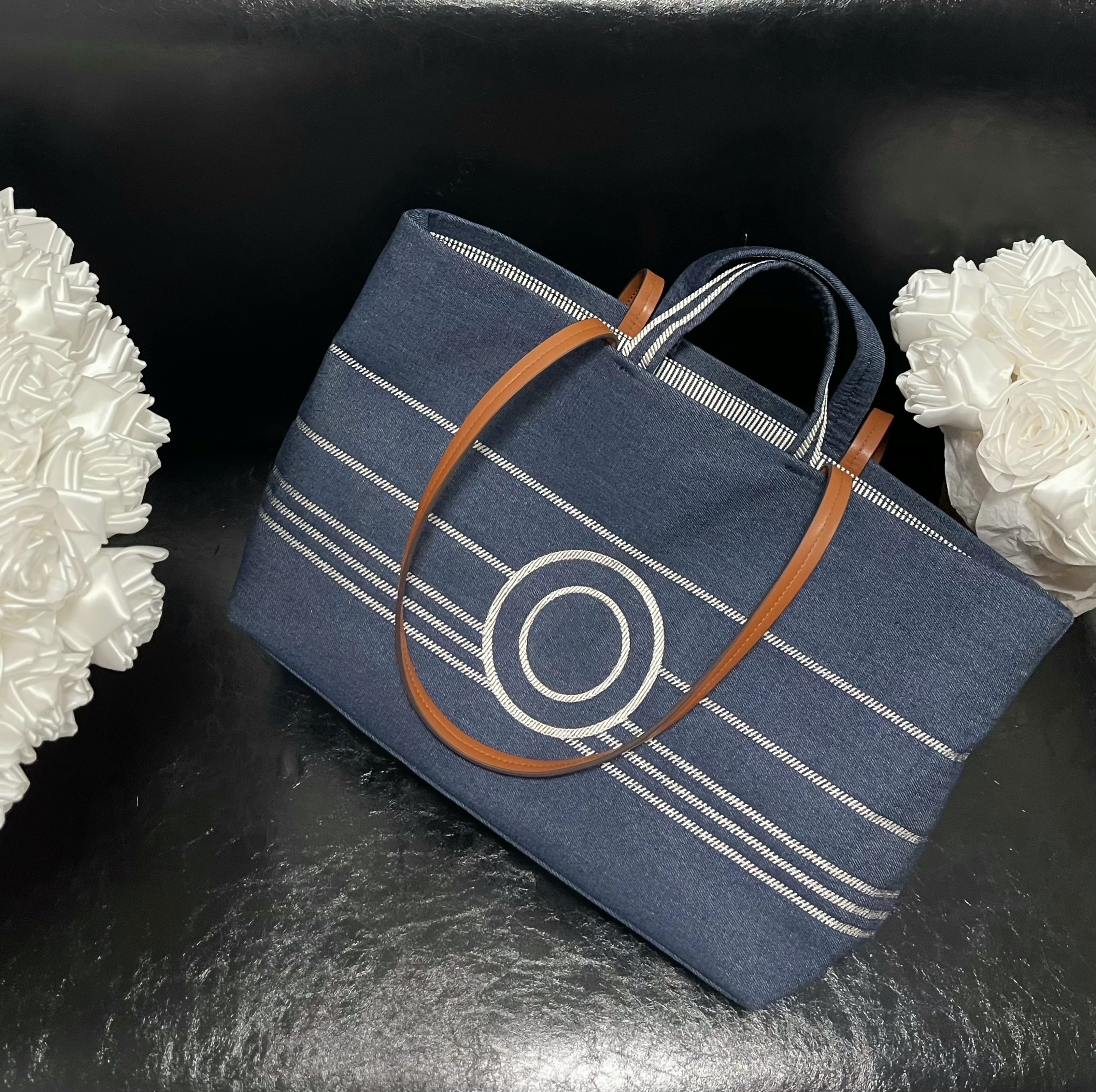 2025新款复古牛仔女包条纹大容量腋下托特包小香风百搭款帆布大包