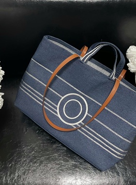 2025新款复古牛仔女包条纹大容量腋下托特包小香风百搭款帆布大包