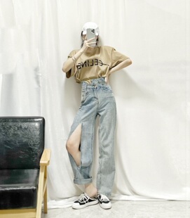 YQ 设计新款破洞牛仔裤女 韩版字母印花短袖垫肩男女款简约T恤夏