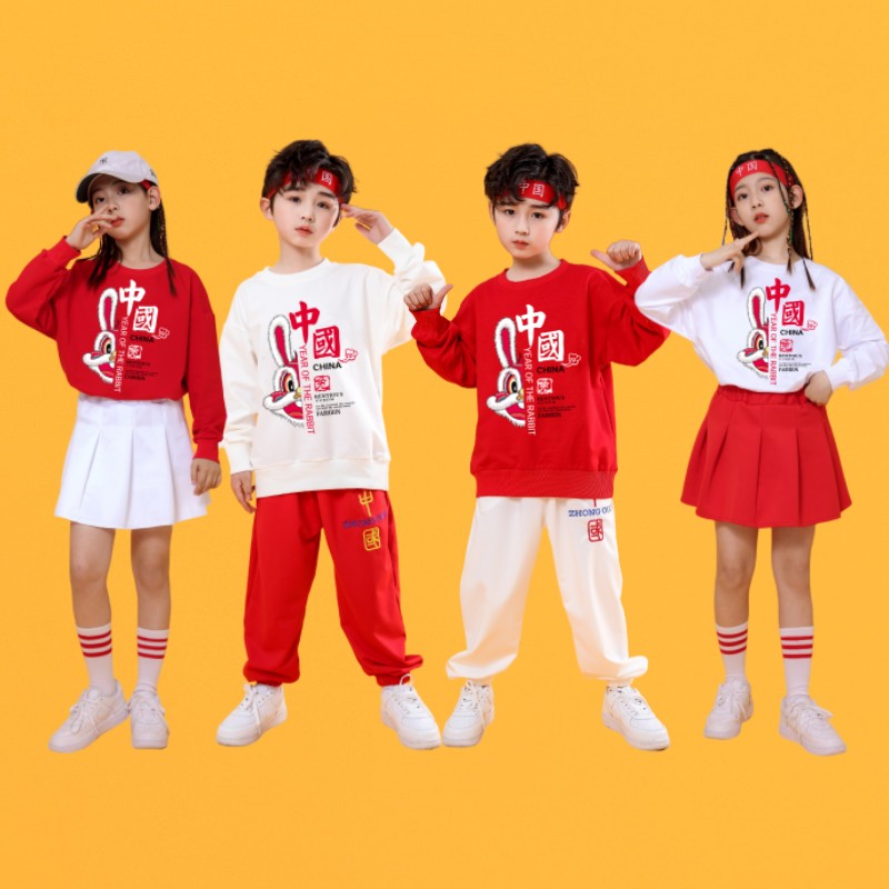 儿童啦啦队演出服纯棉国潮风学生啦啦操套装春秋运动会开幕式服装