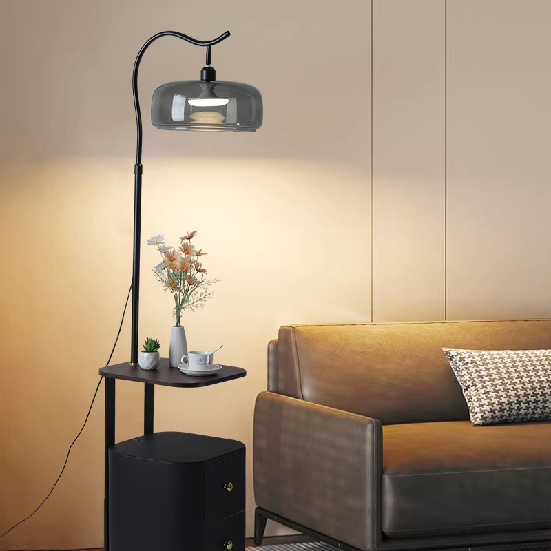 意式极简落地灯床头柜一体小型极窄多功能实木沙发边几茶几一体