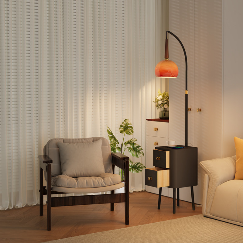 中古风落地灯客厅沙发边置物一体立式台灯卧室轻奢装饰氛围床头灯