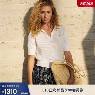 Tommy26春夏新款女装优雅通勤镂空绞花肌理短袖POLO领麻花针织衫