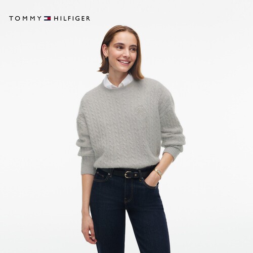 Tommy女装含羊毛圆领绞花毛衣