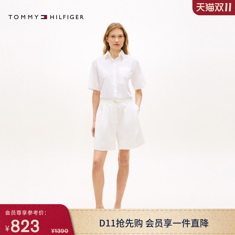 Tommy26春夏女装亚麻混纺褶裥调节腰带都市休闲通勤风宽松短裤