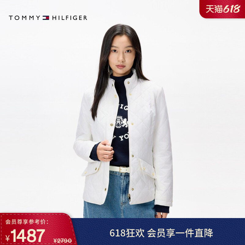 Tommy秋冬女装休闲优雅洋气通勤菱格绗缝金属扣立领棉服夹克外套