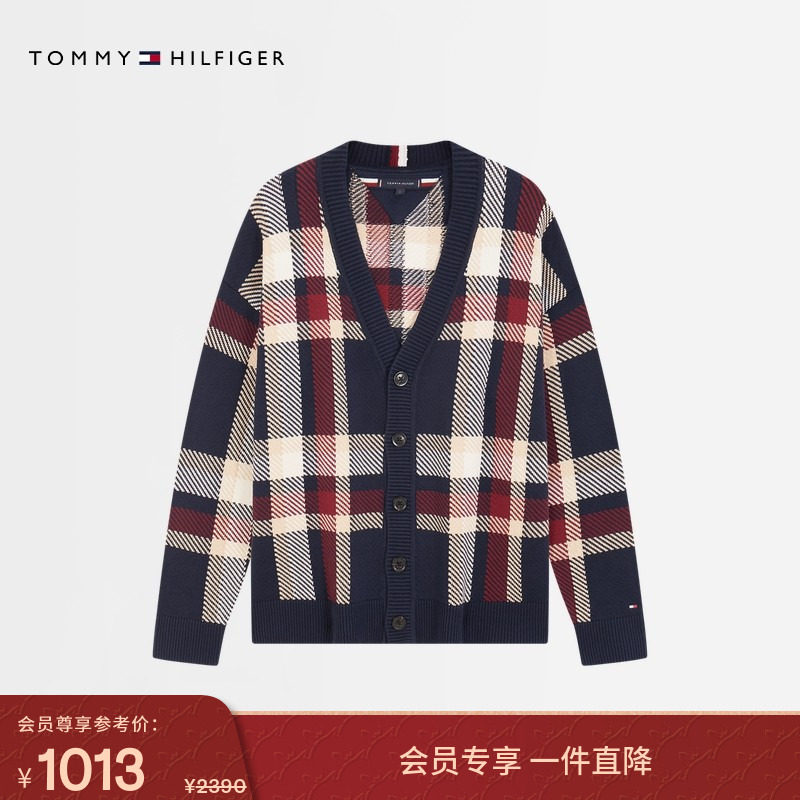 Tommy秋冬男装纯棉复古休闲拼色格纹纽扣V领慵懒风针织开衫外套,男装,针织衫/毛衣,淘宝优惠券,粉丝福利购,淘宝优惠卷